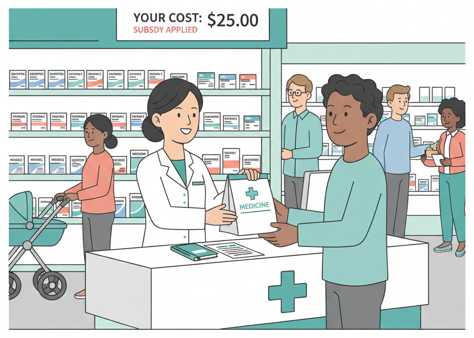 Pharmacist handing prescription medicine to a customer at a Japanese pharmacy