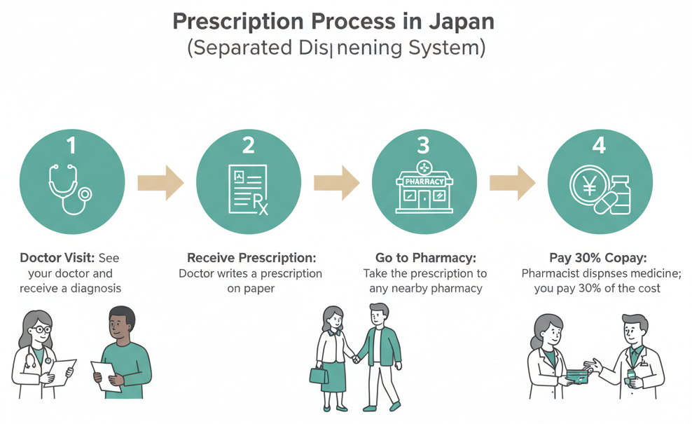 Flowchart showing the prescription process from doctor visit to pharmacy pickup