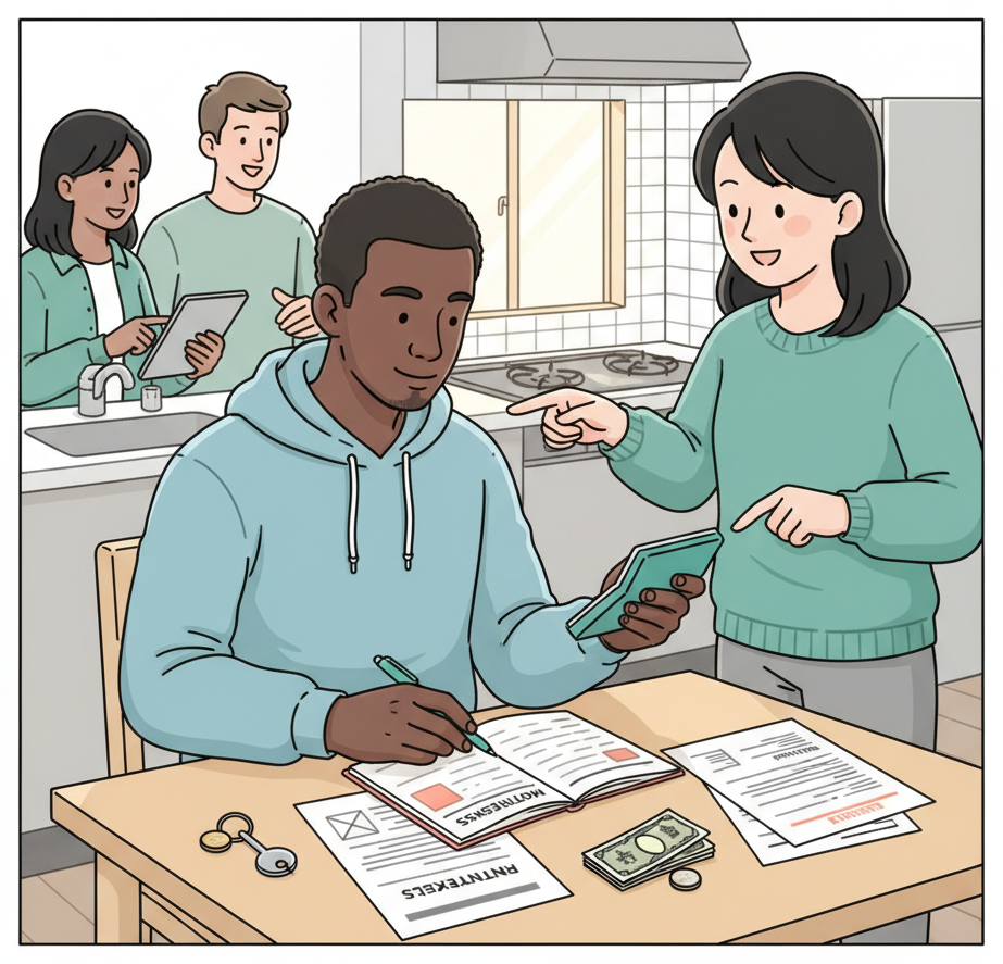 Foreign resident budgeting apartment costs at a kitchen table in Japan