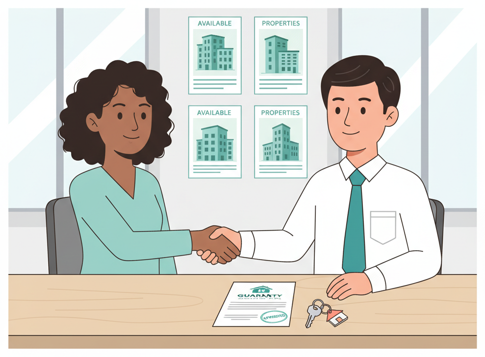 Foreign resident completing guarantor company paperwork at a real estate office