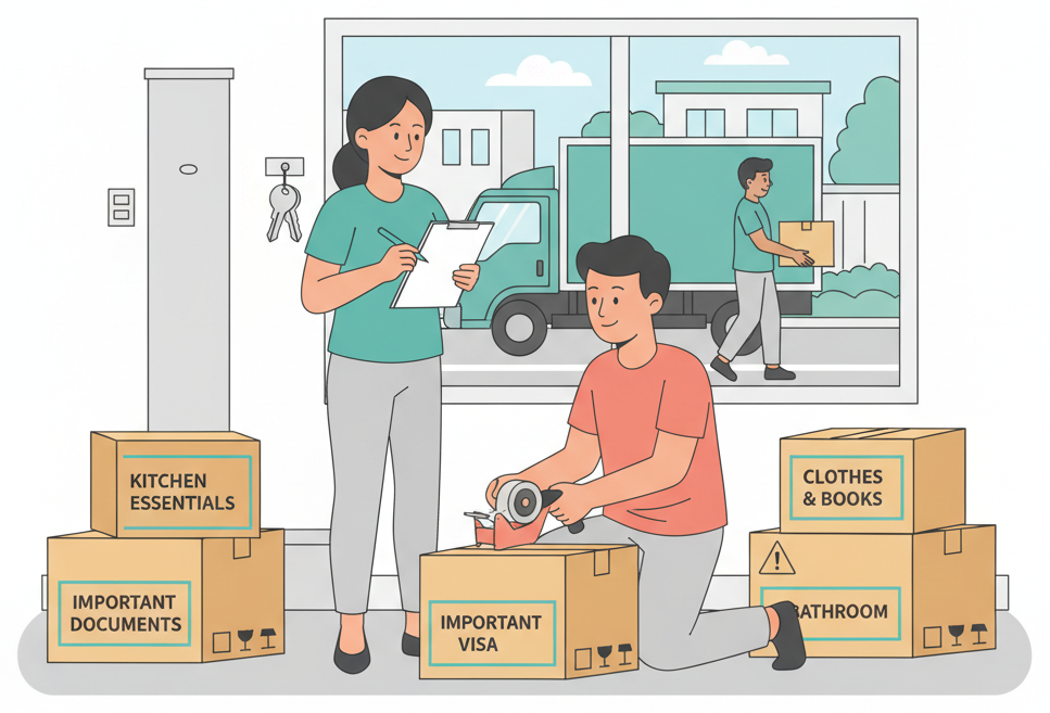 Foreign couple organizing their move with boxes and a checklist in Japan