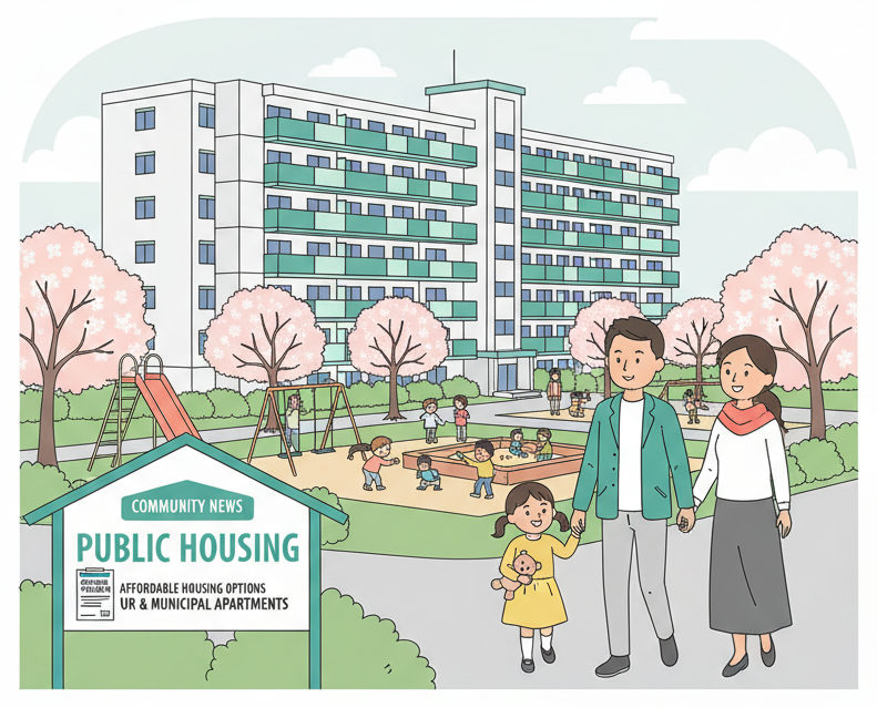 Foreign family approaching a Japanese public housing complex with playground