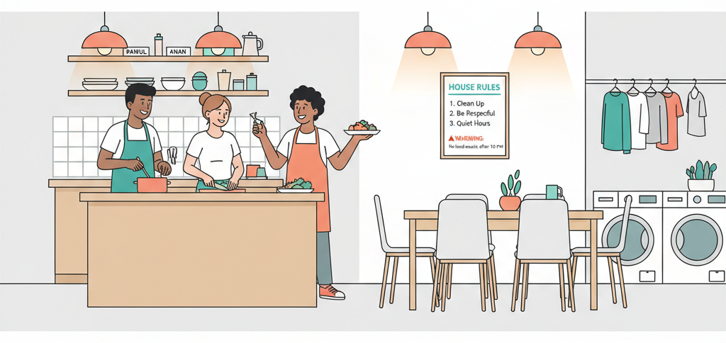 Diverse residents socializing in a Japanese share house common area