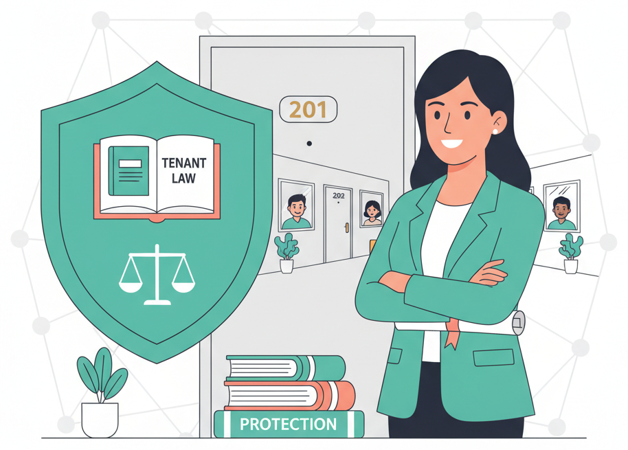 Foreign tenant confidently standing at their apartment symbolizing tenant protections