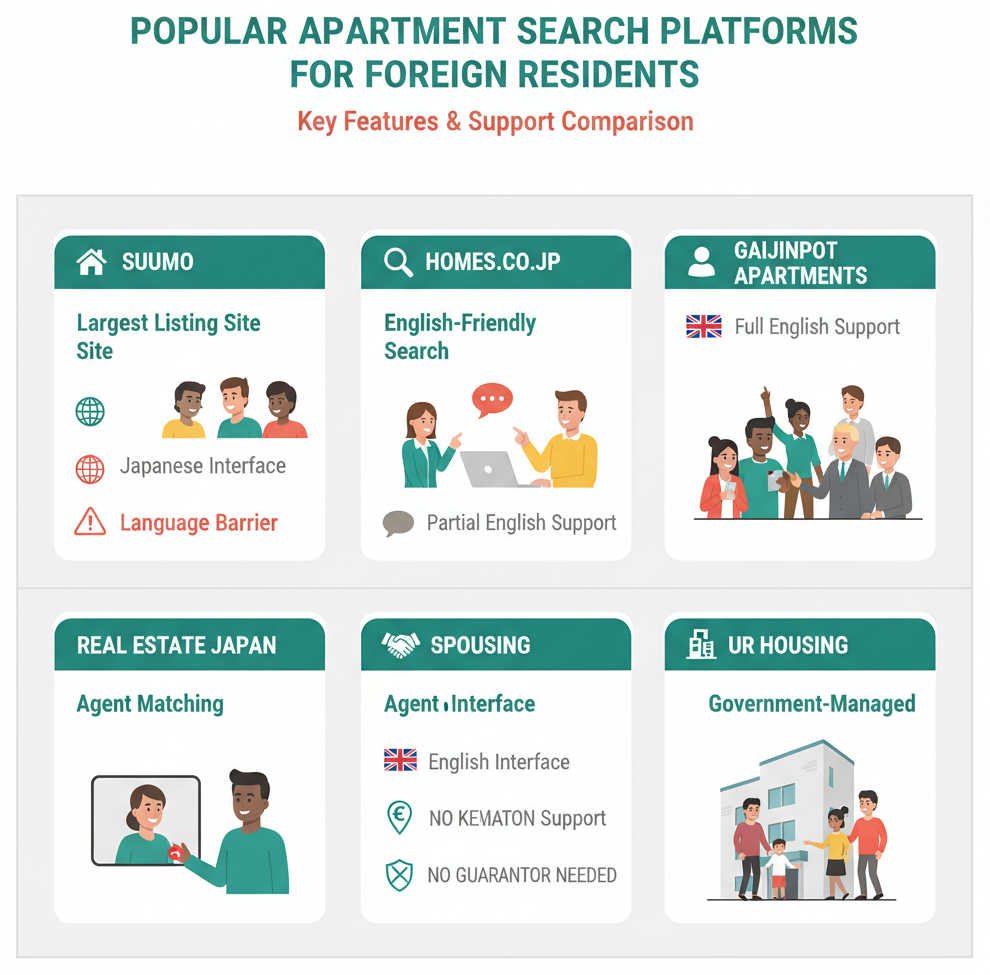 Infographic comparing apartment search platforms available to foreign residents