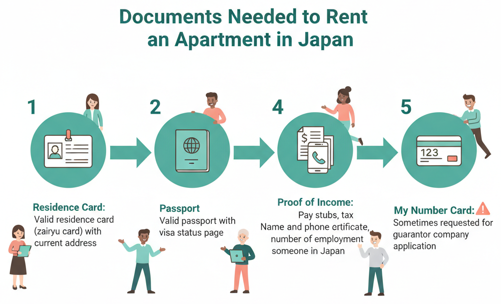 Flowchart showing required documents for renting an apartment in Japan