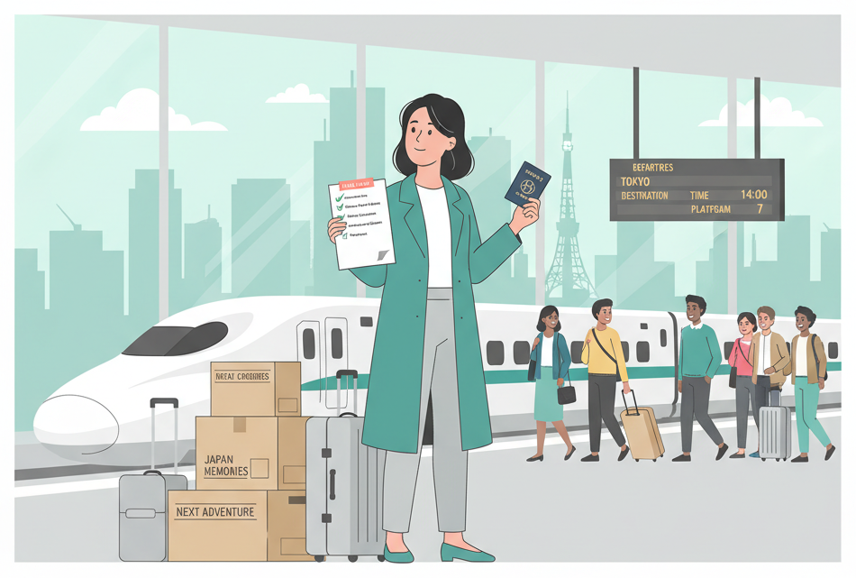 Person with suitcases and checklist preparing to leave Japan at a train station