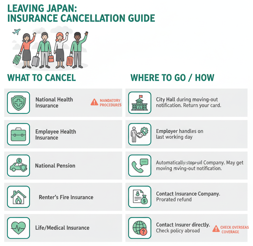 Checklist infographic showing insurance cancellation procedures for each type