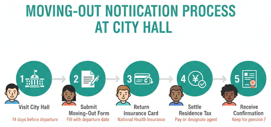 Step-by-step flowchart for the moving-out notification process at city hall