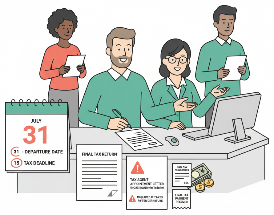 Person completing tax settlement paperwork at a tax office before departing Japan