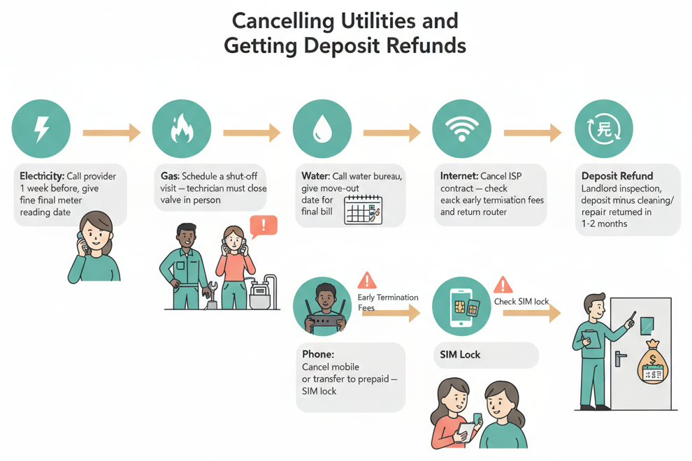 Step-by-step flowchart for cancelling utilities and getting deposit refunds when leaving Japan