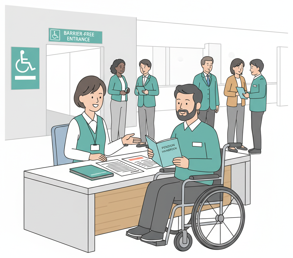 外国居民在轮椅上与社工咨询残疾养老金