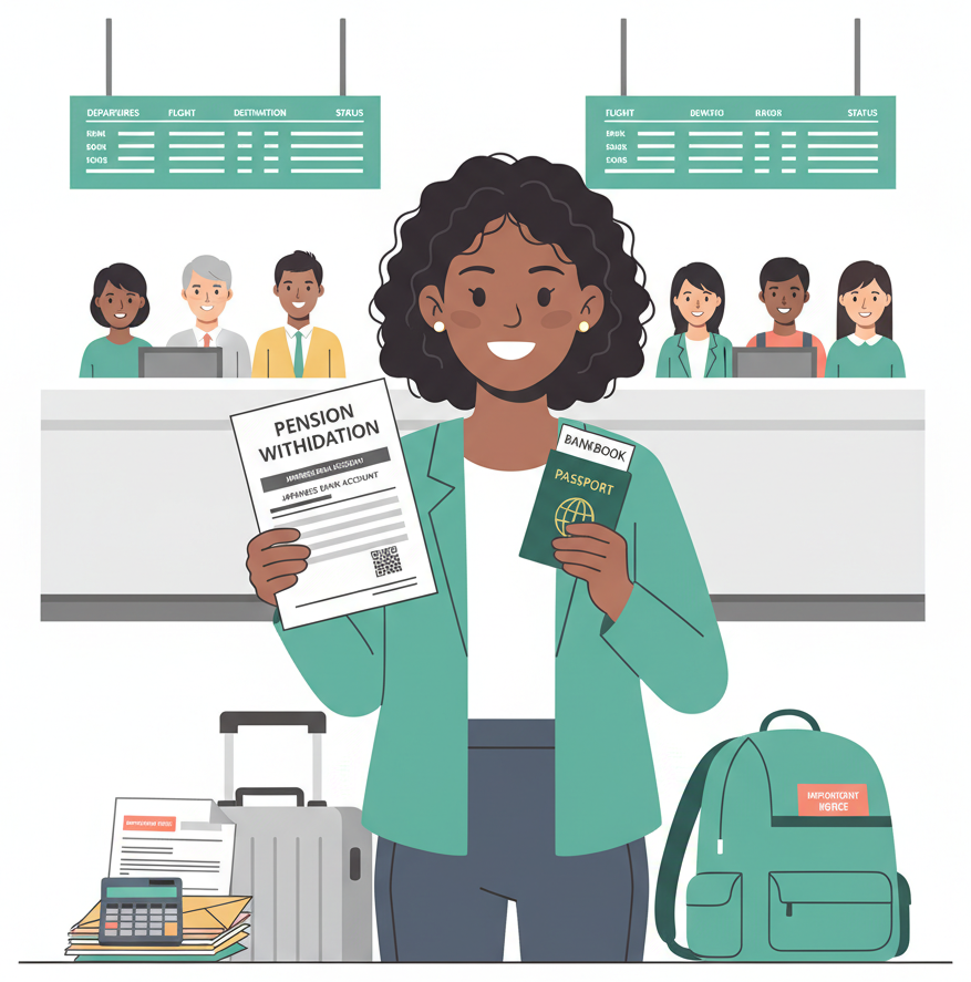 持有养老金提款文件的外国居民在机场准备离开日本