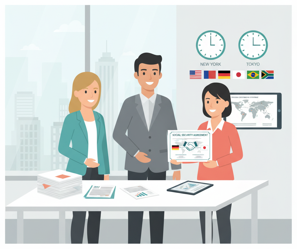 外国员工在公司人力资源办公室审查社会保障协议文件