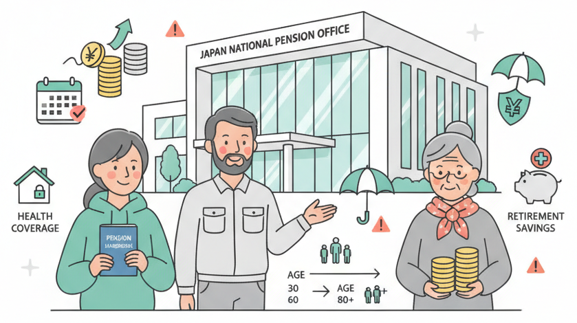 People of various ages with pension-related icons in front of a Japanese pension office