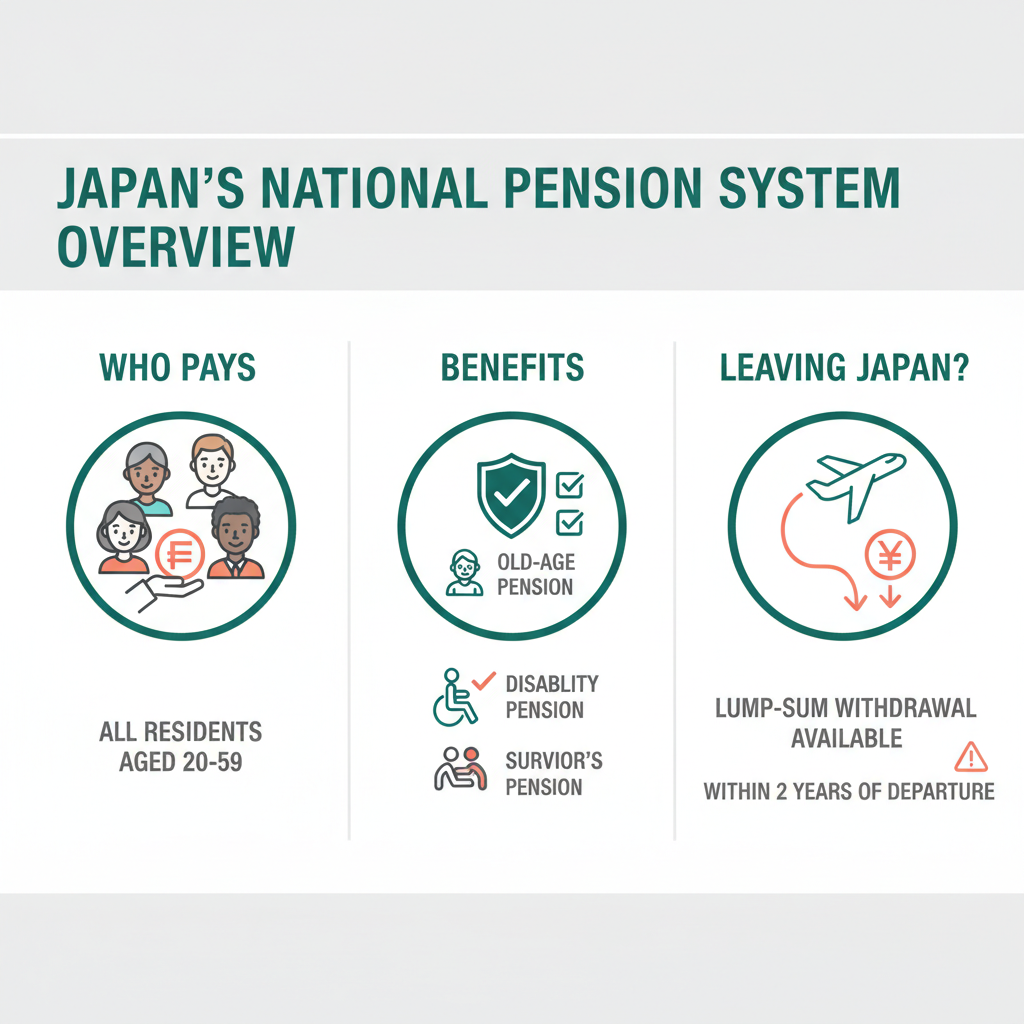 Infographic showing pension system overview with who pays, benefits, and withdrawal option