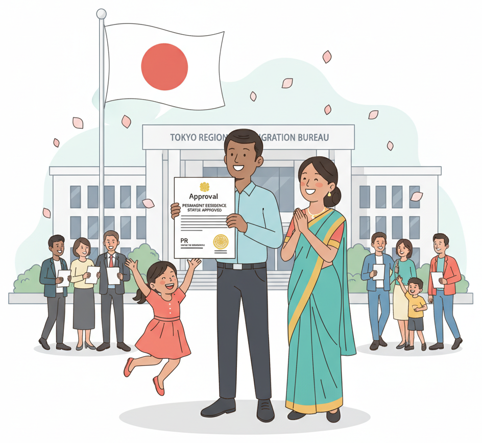 Foreign resident receiving permanent residence approval with family celebrating outside immigration office