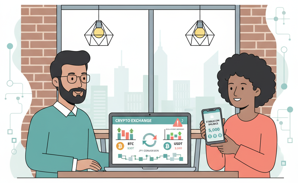 Foreign residents exploring cryptocurrency transfer options at a modern cafe in Japan