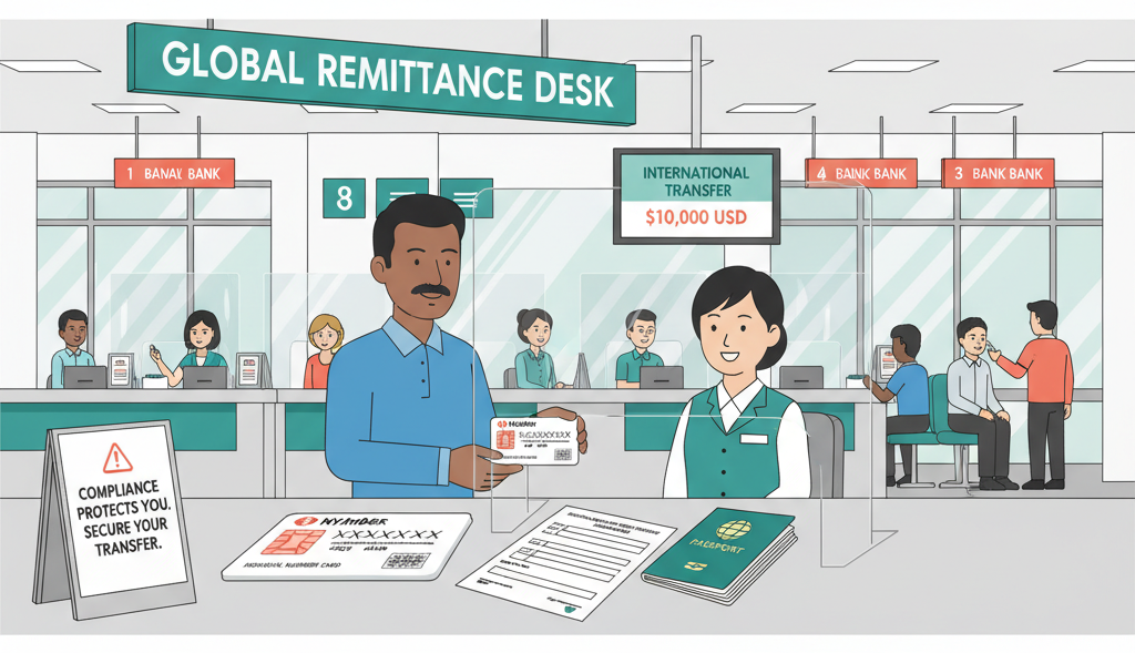 Foreign resident presenting My Number card at bank for international money transfer