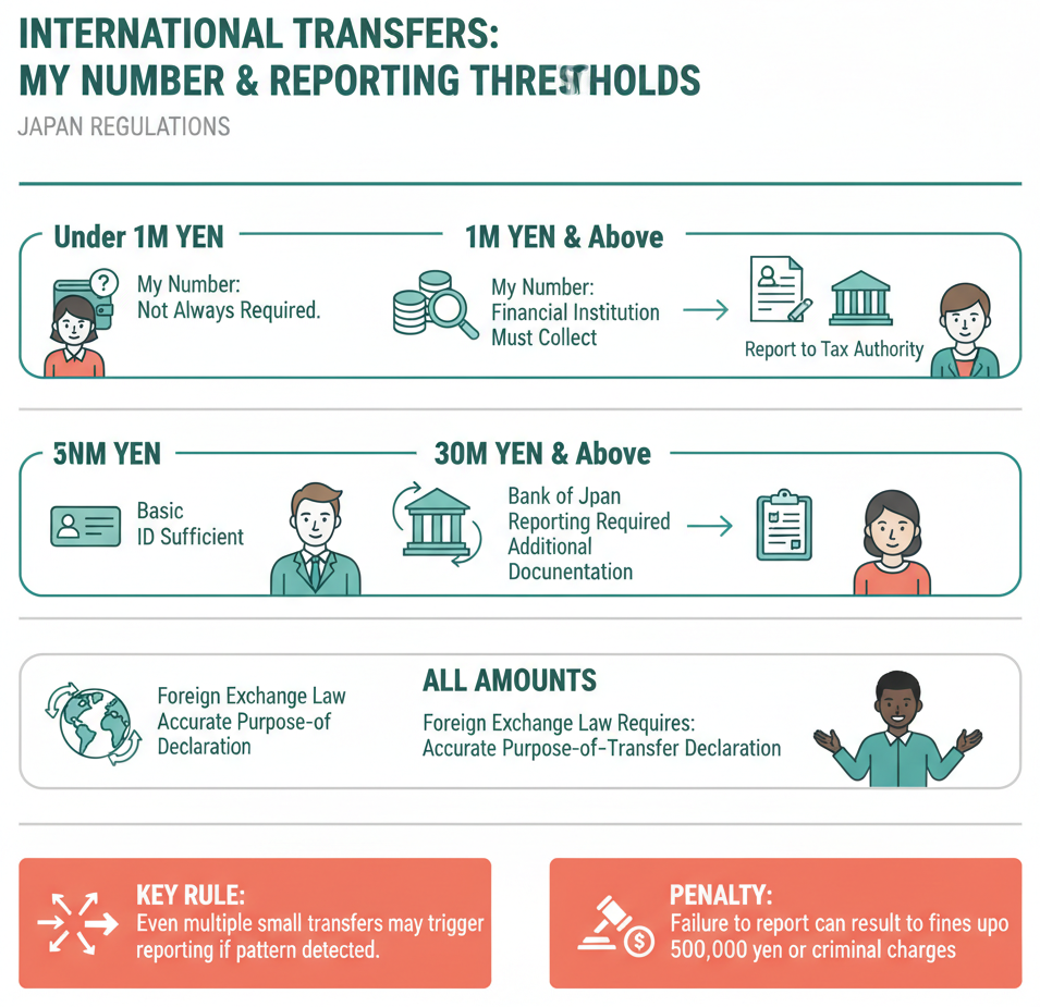 Tiered chart showing My Number requirements and reporting thresholds for international transfers