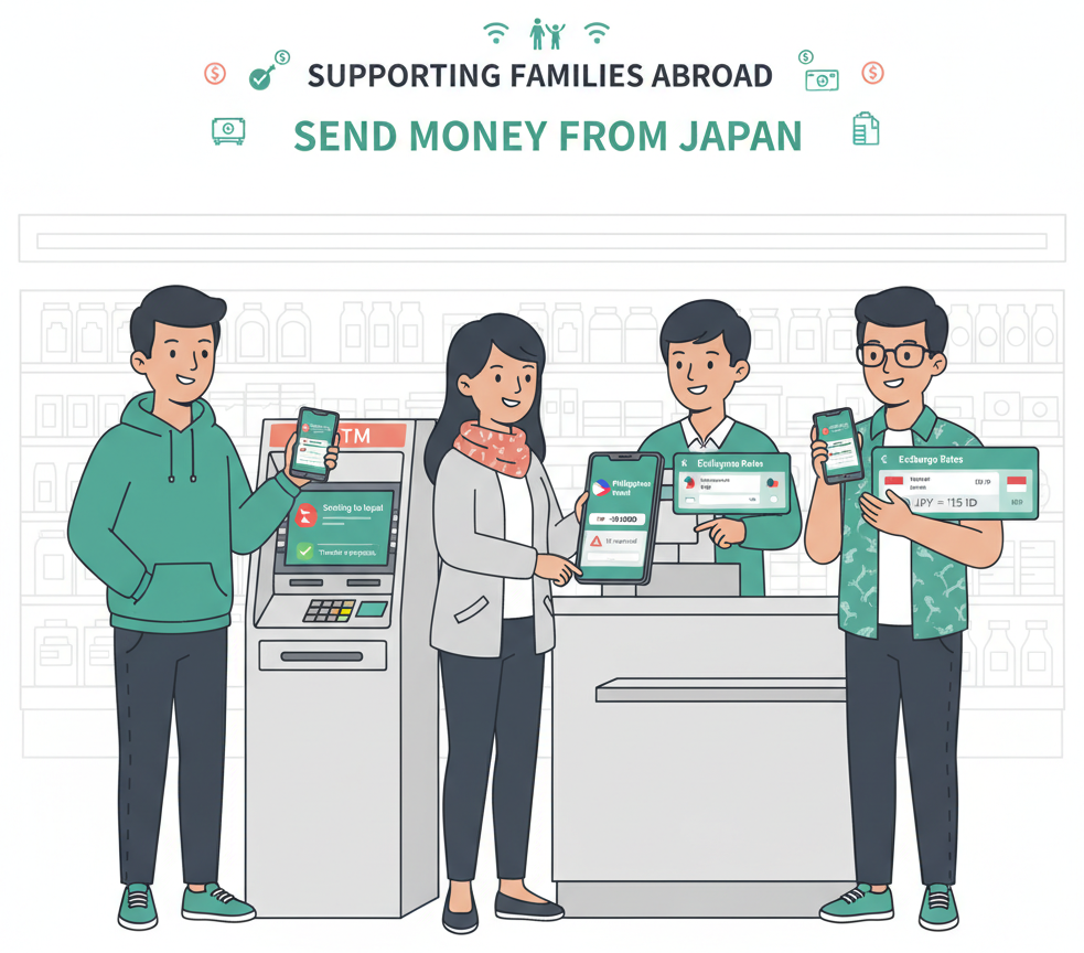Foreign residents from Nepal, Philippines, and Indonesia using remittance services at a convenience store