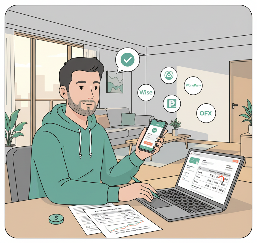 Foreign resident comparing remittance services on phone and laptop with fee printouts