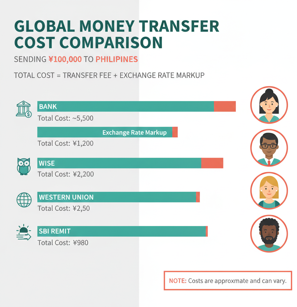 Bar chart comparing total transfer costs across different remittance services