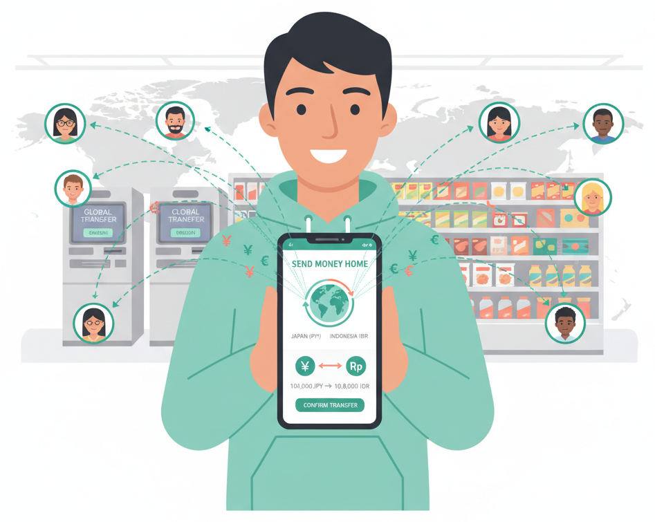 Person using smartphone to send money internationally from a Japanese convenience store