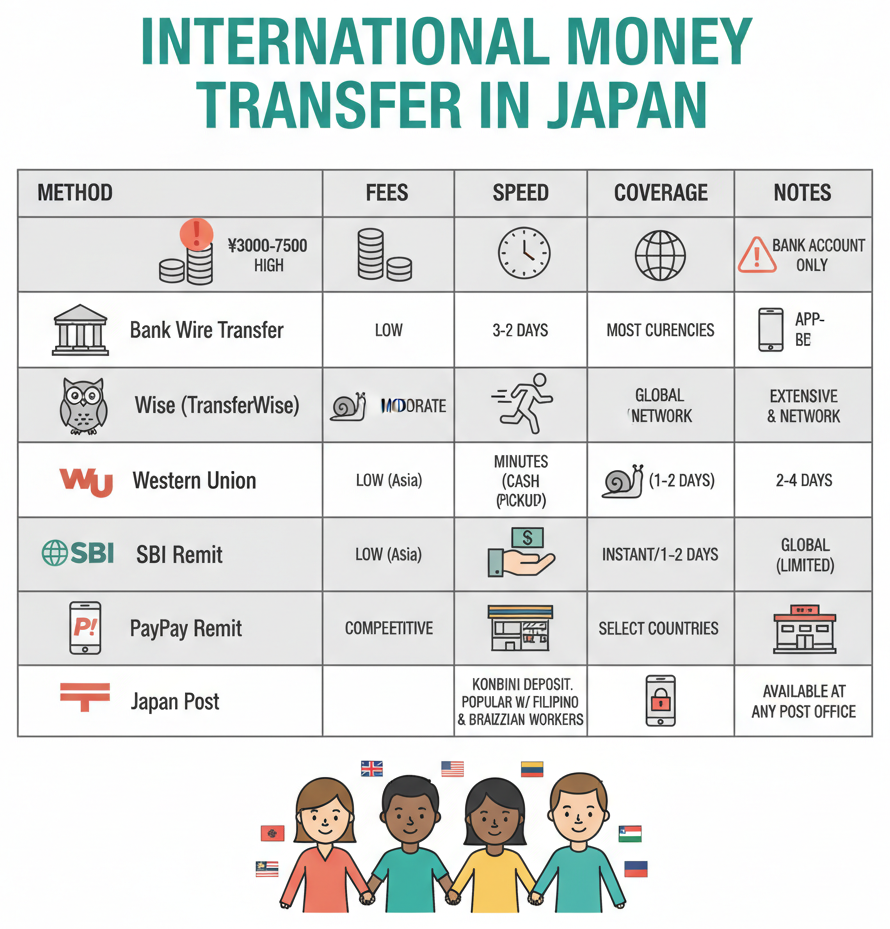 Comparison chart of international money transfer options available in Japan