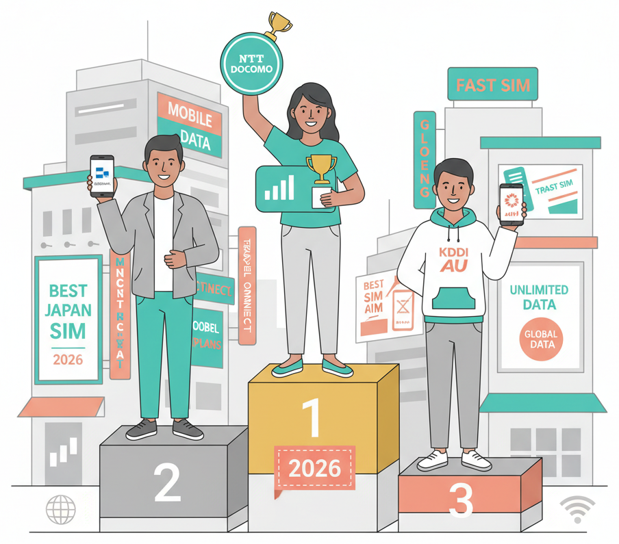 Diverse residents showcasing top SIM card picks in a playful ranking scene