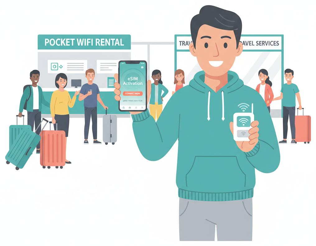 旅客在日本机场选择eSIM和口袋WiFi