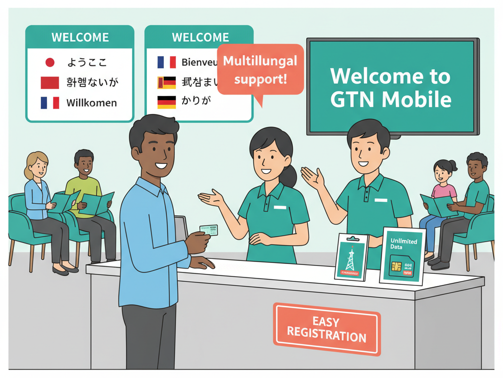 Foreign resident receiving multilingual support at a GTN Mobile store