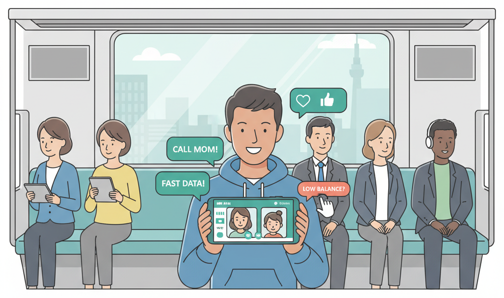 Foreign resident using LINE on LINEMO plan during a train commute