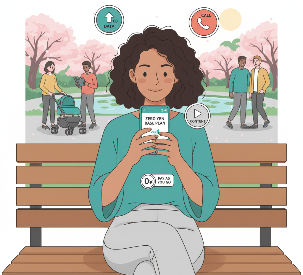 Penduduk asing menggunakan rencana mobile fleksibel povo 2.0 di taman Jepang