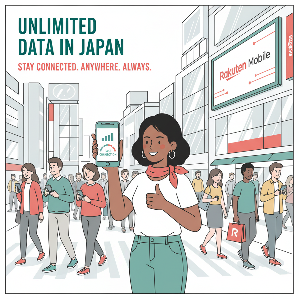 Foreign resident using Rakuten Mobile on a Tokyo street