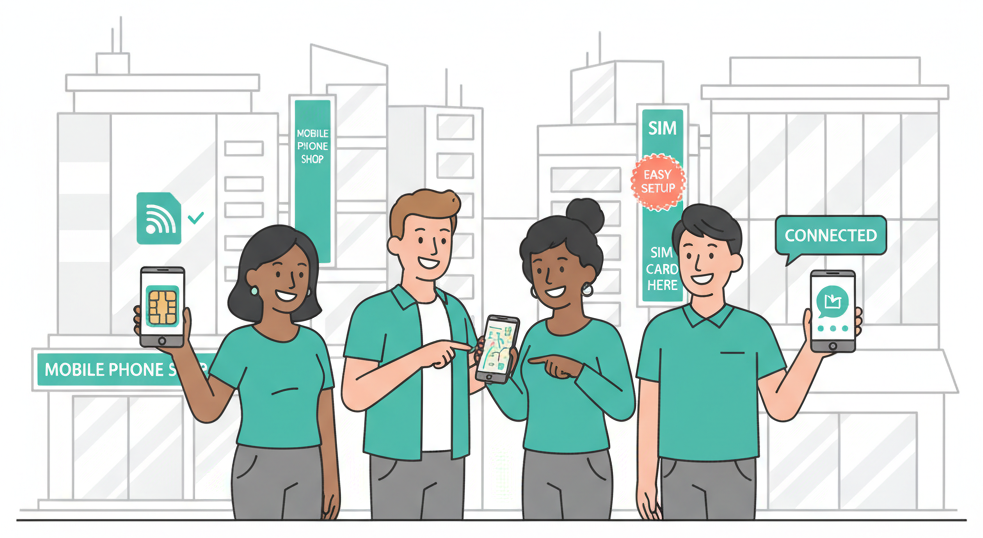 Foreign residents using smartphones in a Japanese city