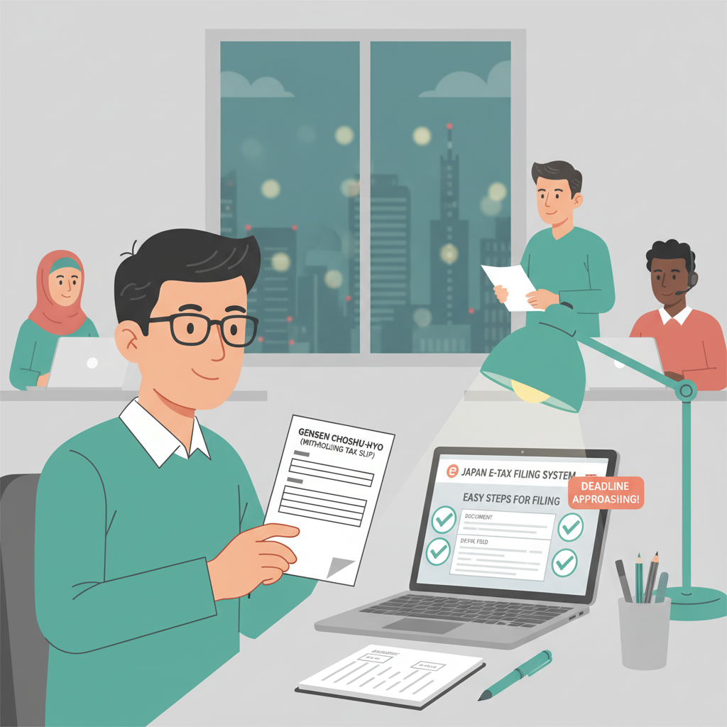 Employee comparing withholding slip with tax return form on laptop at office