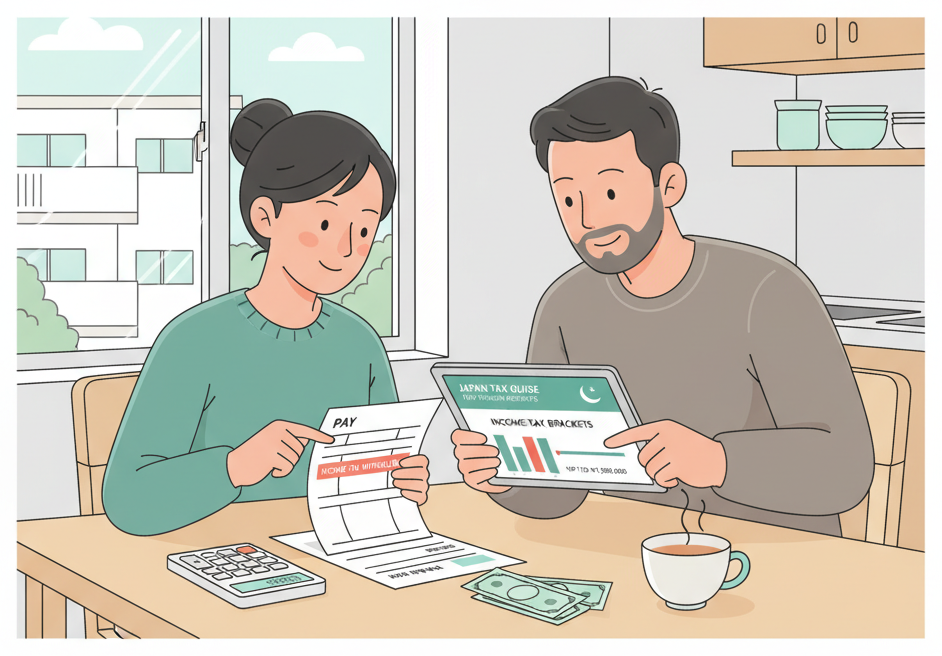 外国夫妇在厨房桌子上一起审查所得税信息