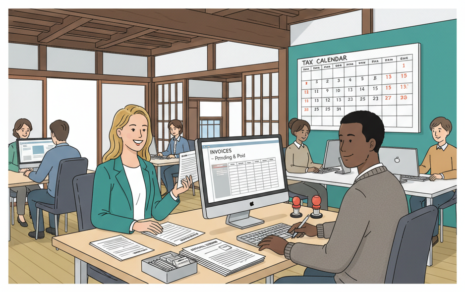 Self-employed foreign residents managing invoices and bookkeeping in a creative studio