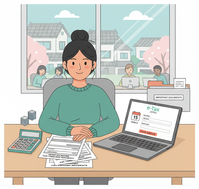 Foreign resident working on tax paperwork at a home desk with calculator and laptop