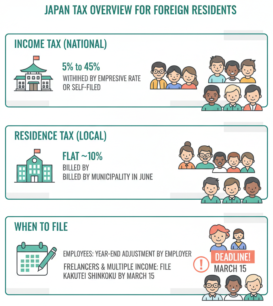 Infographic explaining income tax, residence tax, and filing deadlines for foreign residents