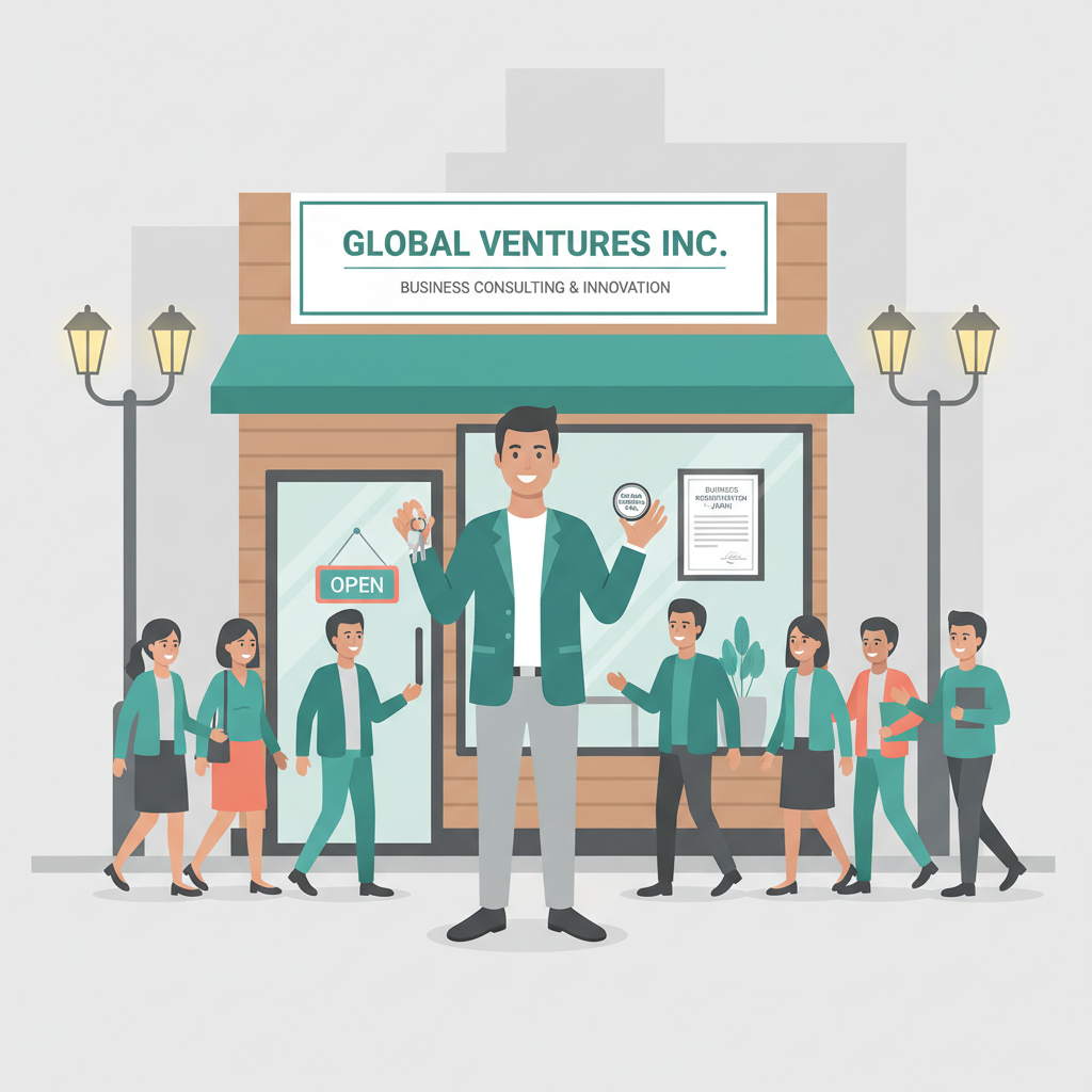 Foreign entrepreneur in front of his new business in Japan