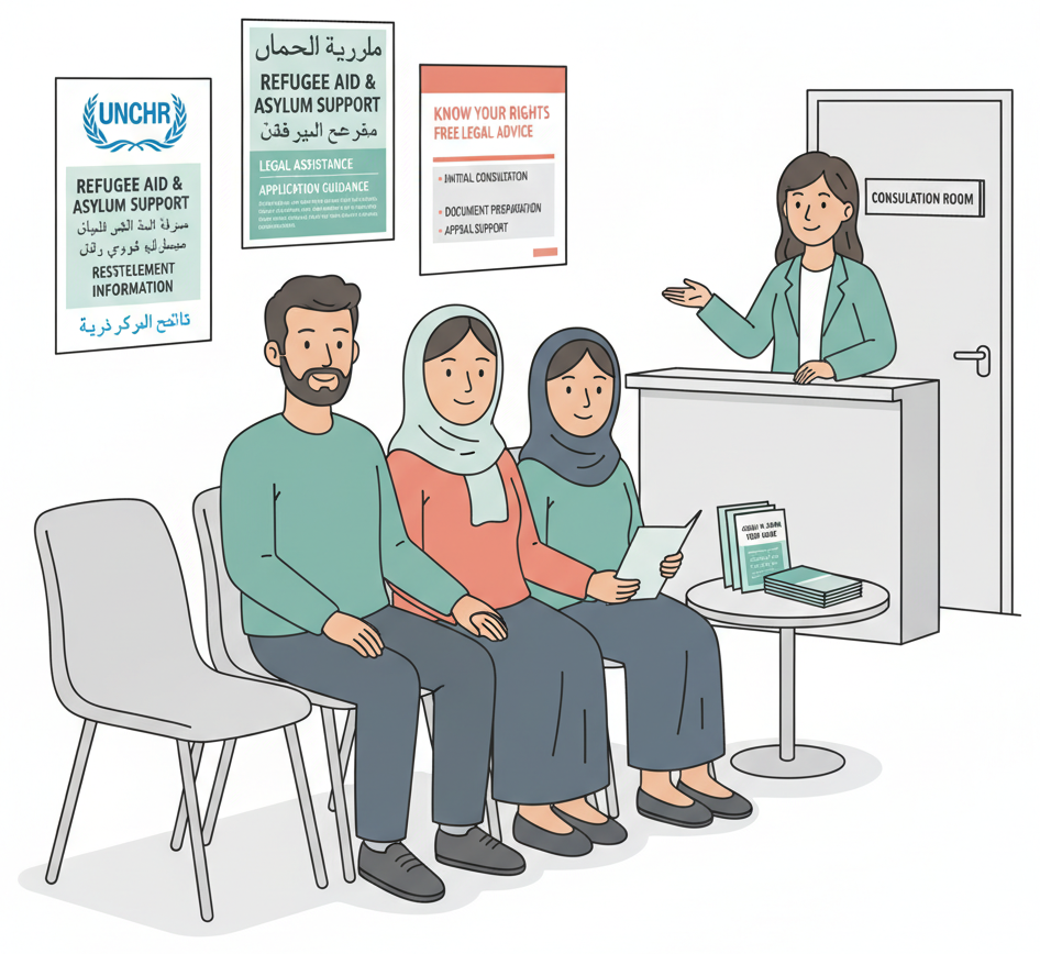 Refugee family at a support organization seeking guidance on asylum application