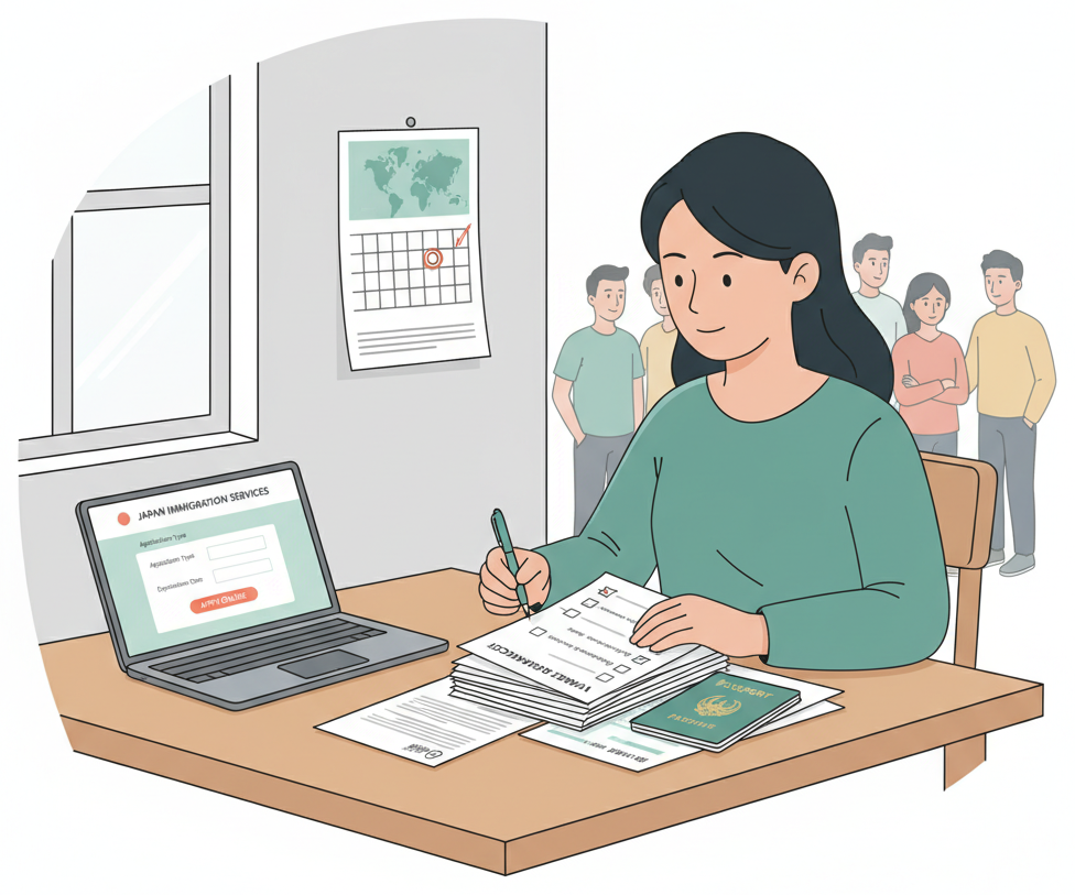 Foreign resident preparing visa renewal documents at home