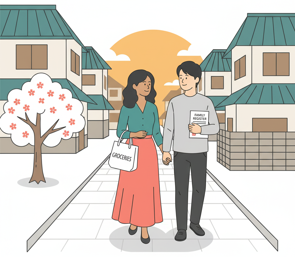 International couple walking through their Japanese neighborhood