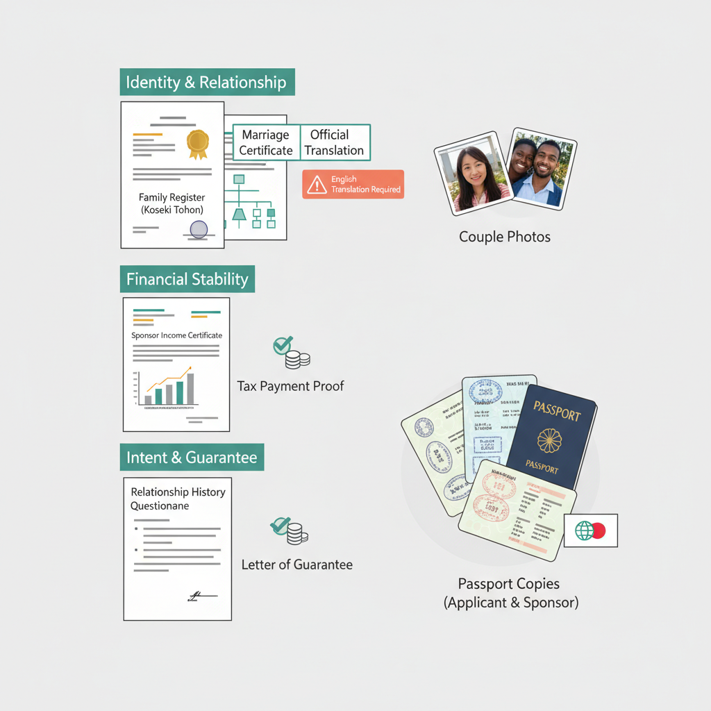 Organized layout of required documents for spouse visa application