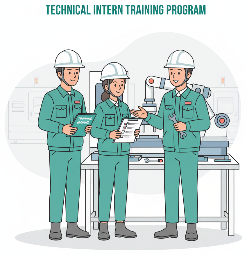 Technical intern trainees learning from supervisor at a Japanese factory