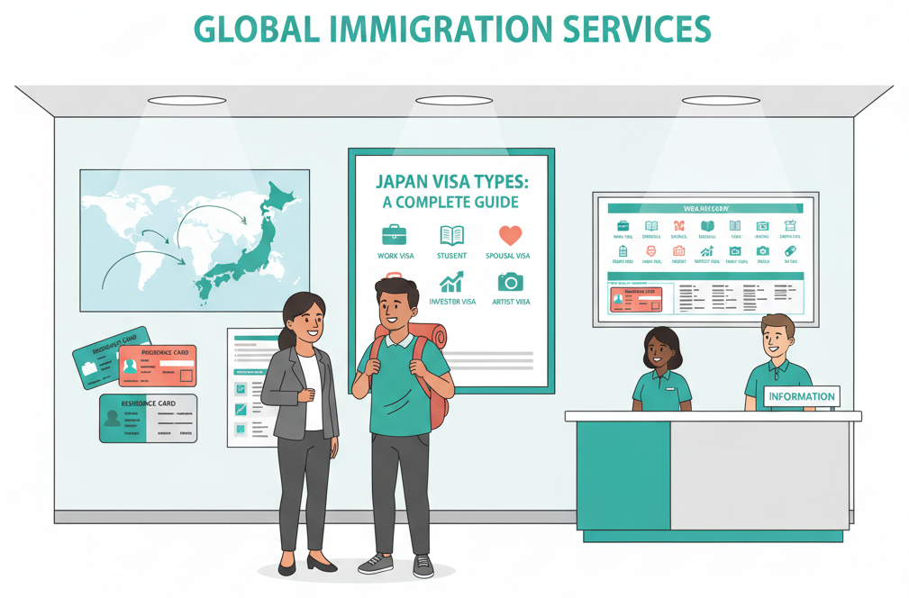 Foreign residents exploring visa type information at an immigration services center