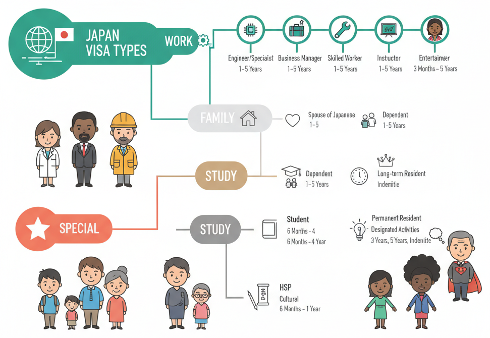 Tree diagram showing all Japan visa categories organized by type