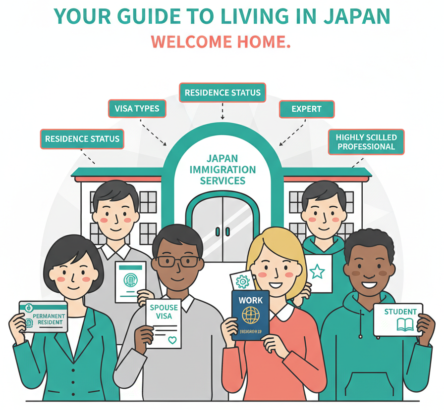 Foreign residents with various visa types in front of an immigration office